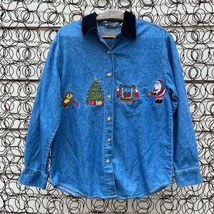 Vintage 90s Chambray Button Up Christmas Embroidered Santa Tree Fireplace Bear